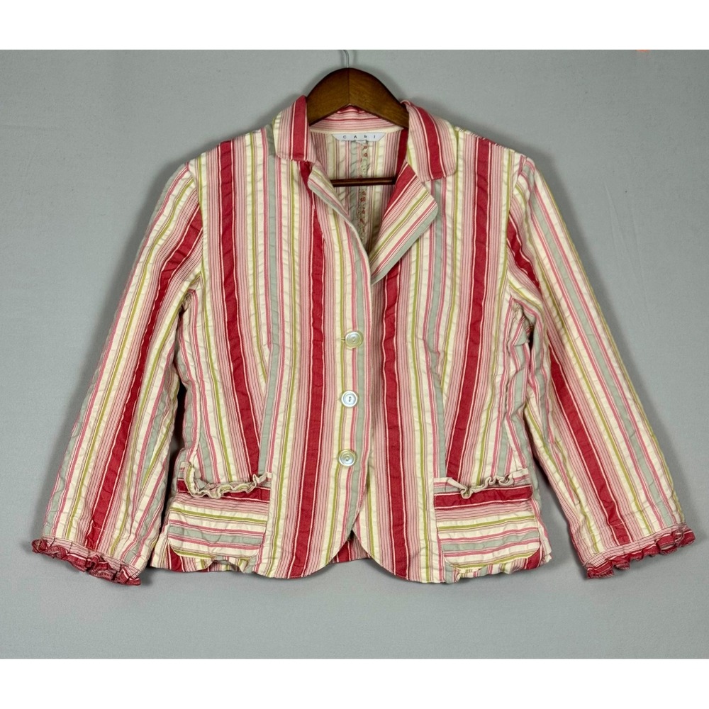 Cabi Blazer Women Size 8 Red Pink Striped NWOT Vintage Y2K Ruffle Cotton USA